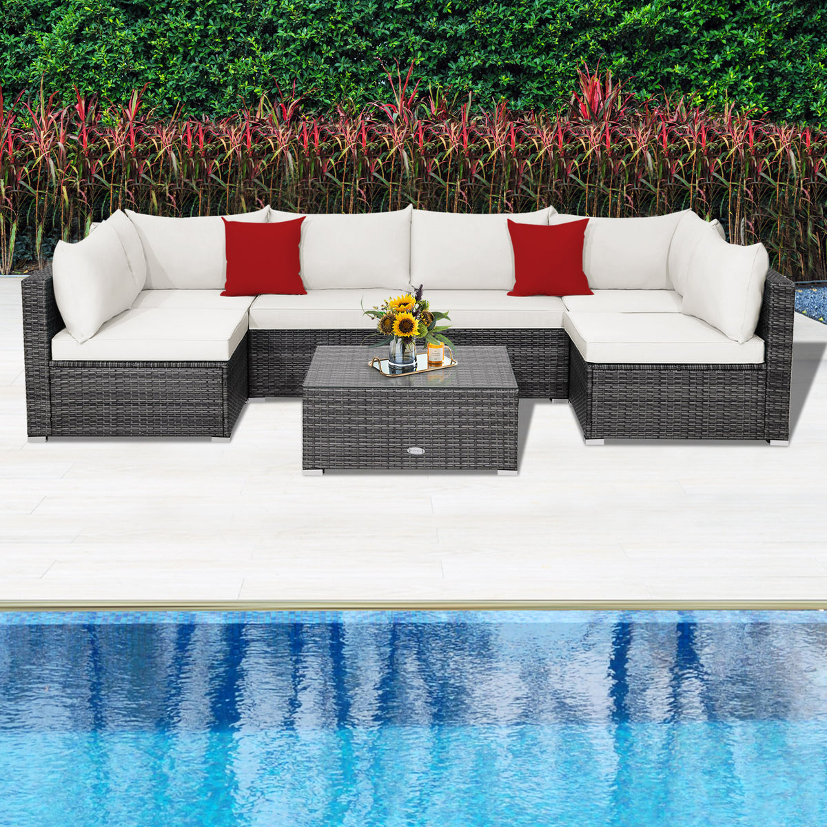 7 Pieces Patio Rattan Furniture Set with Sectional Sofa Cushioned