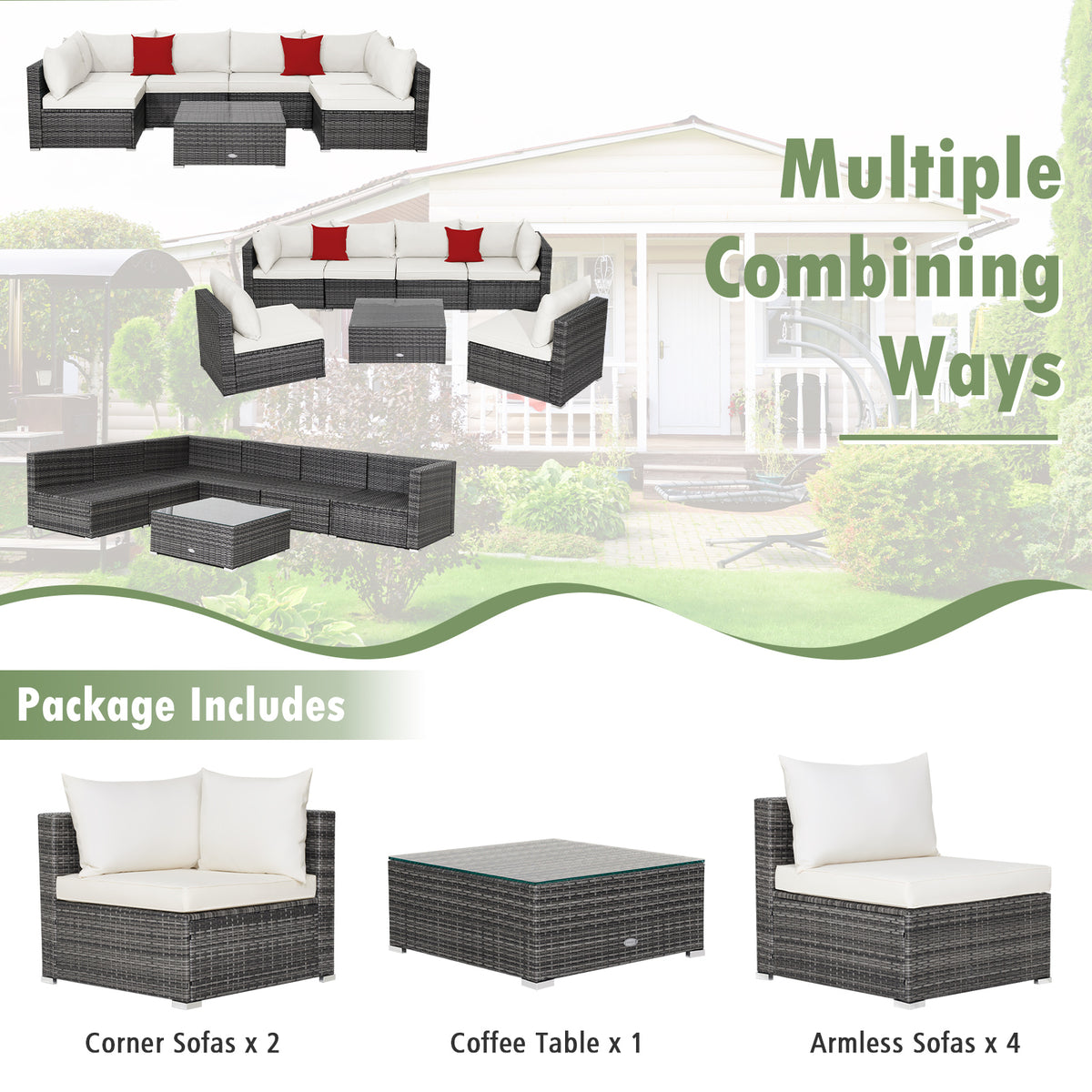 7 Pieces Patio Rattan Furniture Set with Sectional Sofa Cushioned