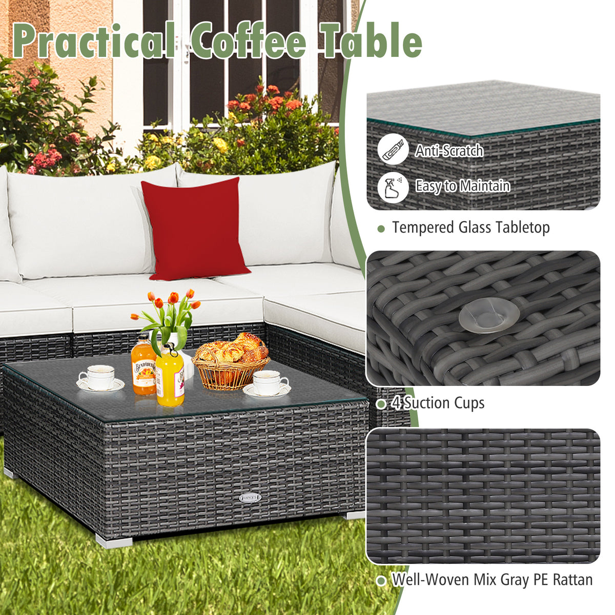 7 Pieces Patio Rattan Furniture Set with Sectional Sofa Cushioned
