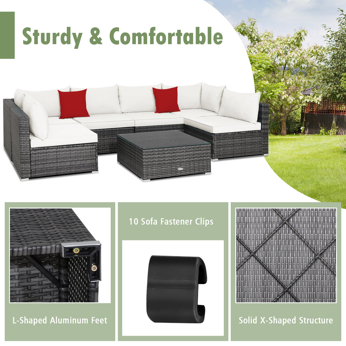 7 Pieces Patio Rattan Furniture Set with Sectional Sofa Cushioned