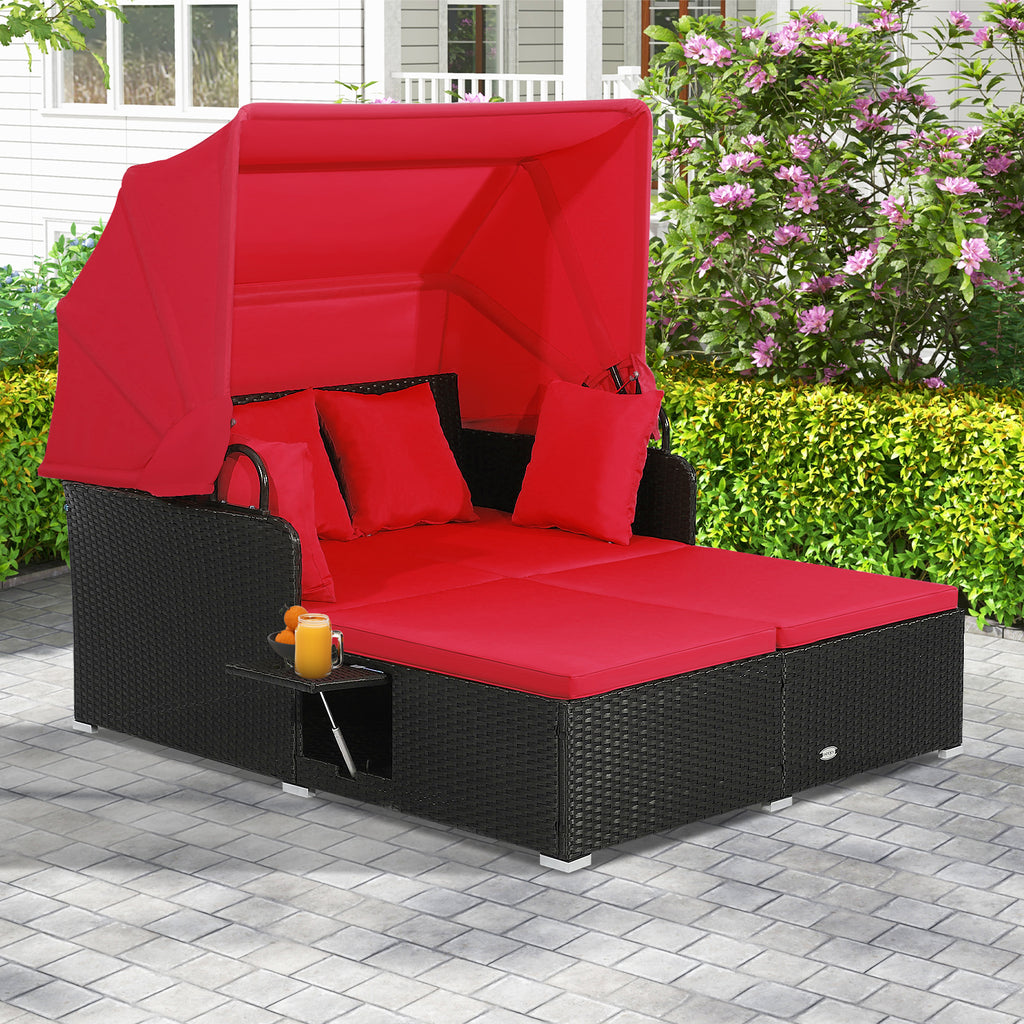 Patio Rattan Daybed with Retractable Canopy & Side Tables, Red