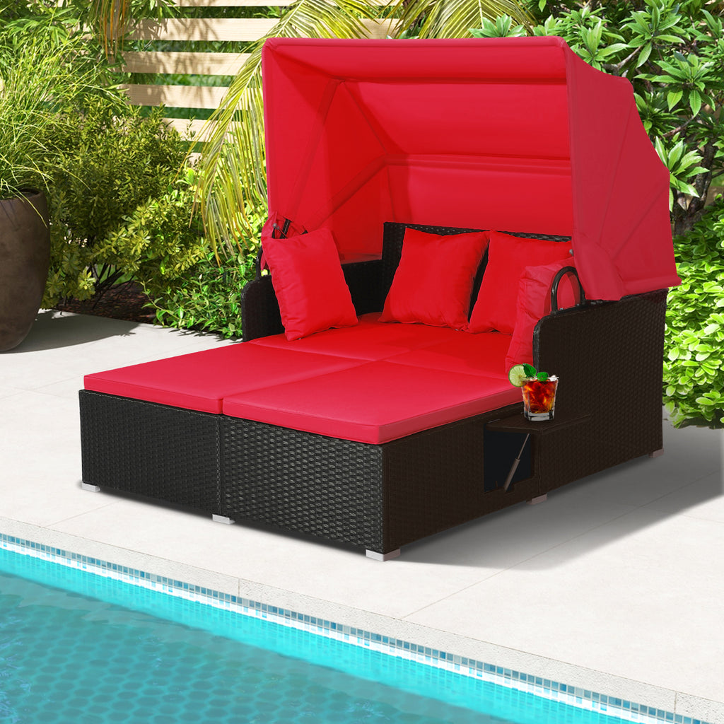 Patio Rattan Daybed with Retractable Canopy & Side Tables, Red