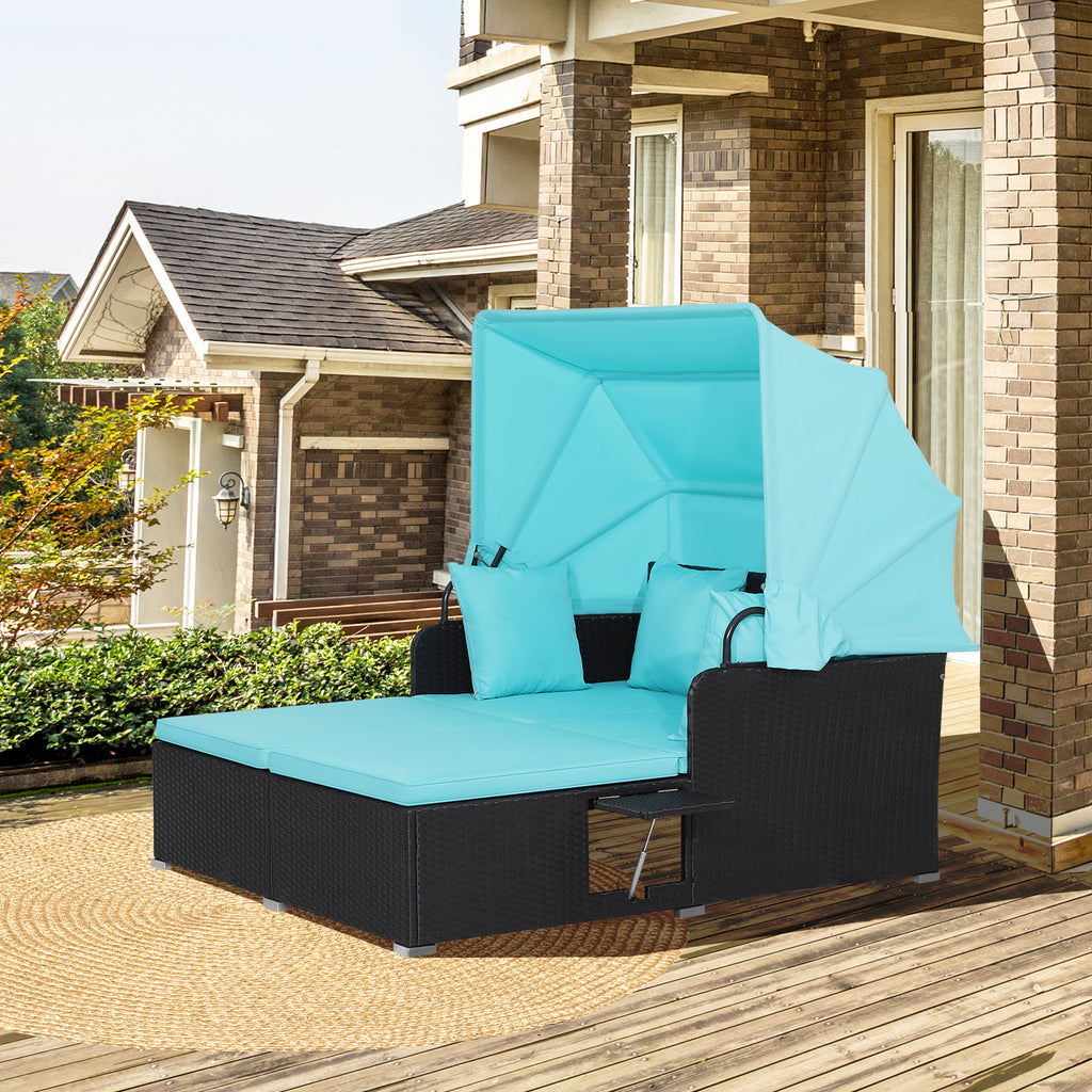 Patio Rattan Daybed with Retractable Canopy, Turquoise