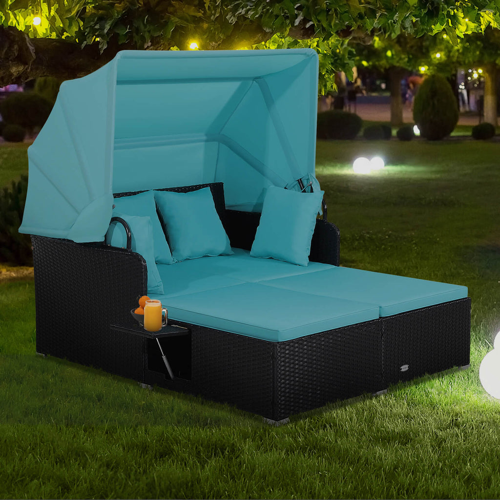 Patio Rattan Daybed with Retractable Canopy, Turquoise