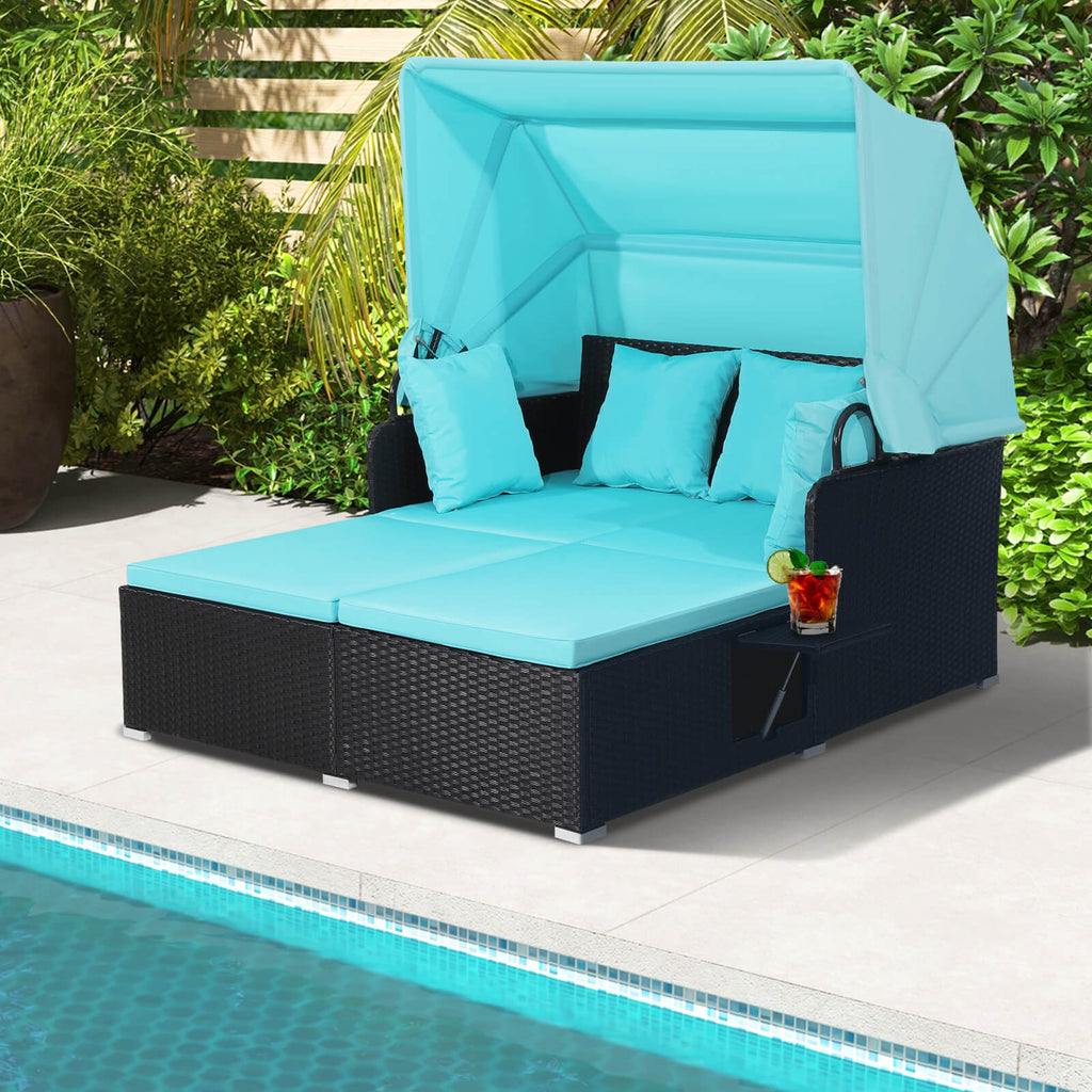 Patio Rattan Daybed with Retractable Canopy, Turquoise