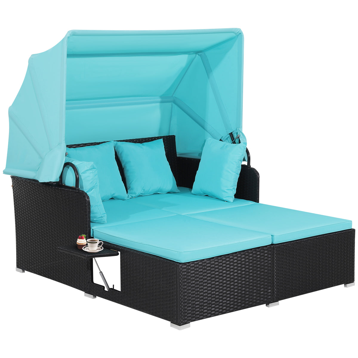 Patio Rattan Daybed with Retractable Canopy, Turquoise
