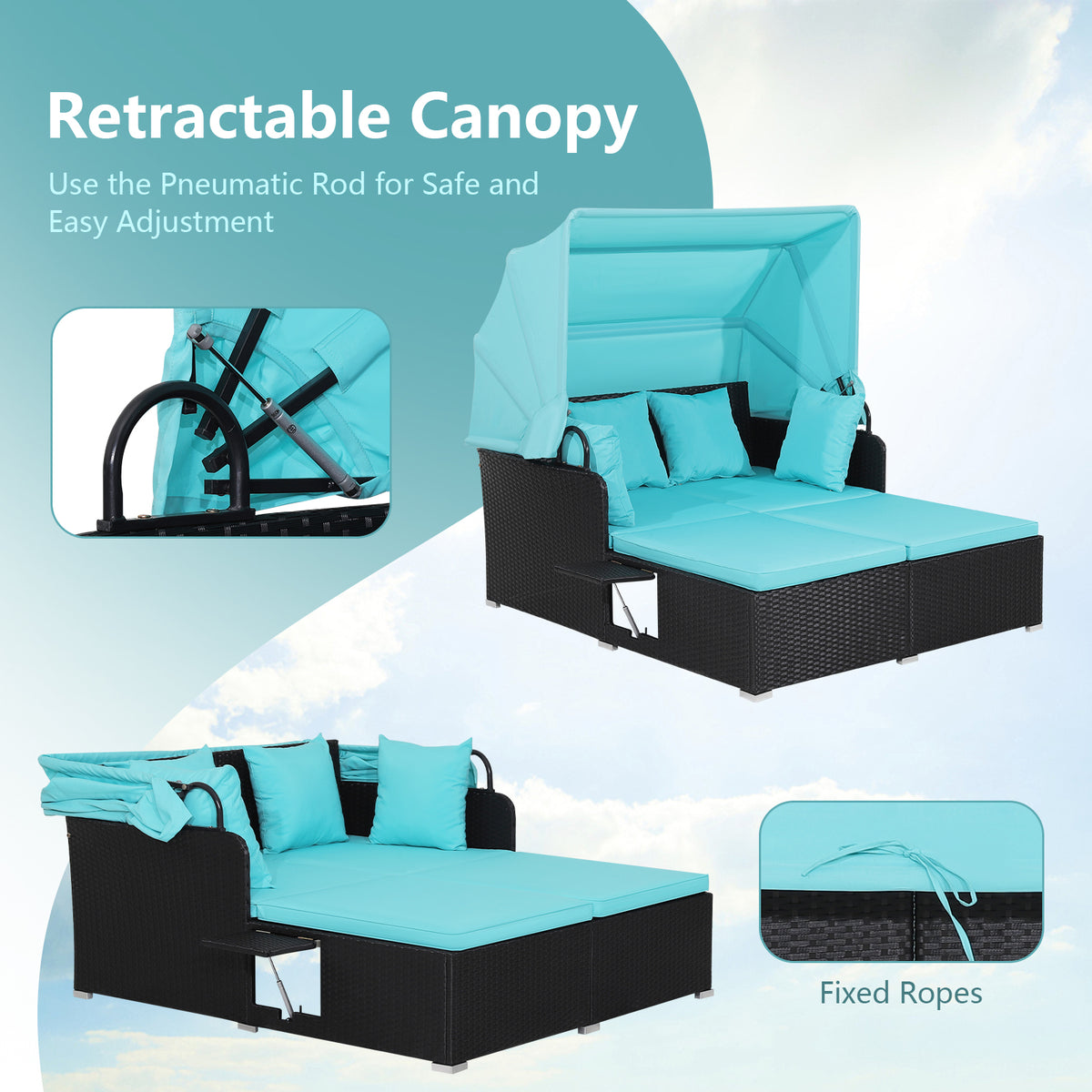 Patio Rattan Daybed with Retractable Canopy, Turquoise