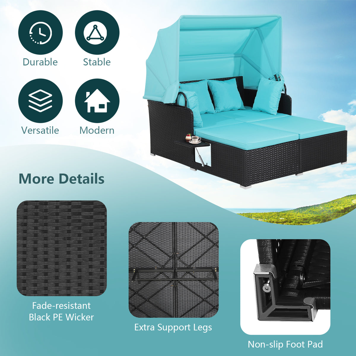 Patio Rattan Daybed with Retractable Canopy, Turquoise