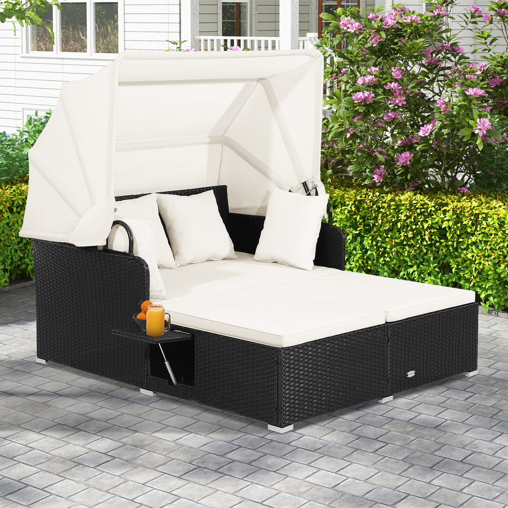 Patio Rattan Daybed with Retractable Canopy, Off White