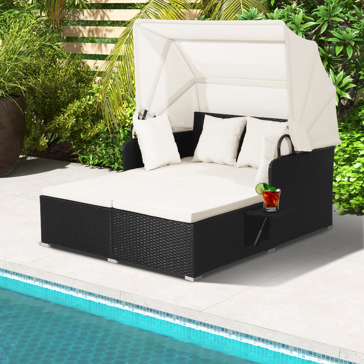 Patio Rattan Daybed with Retractable Canopy, Off White