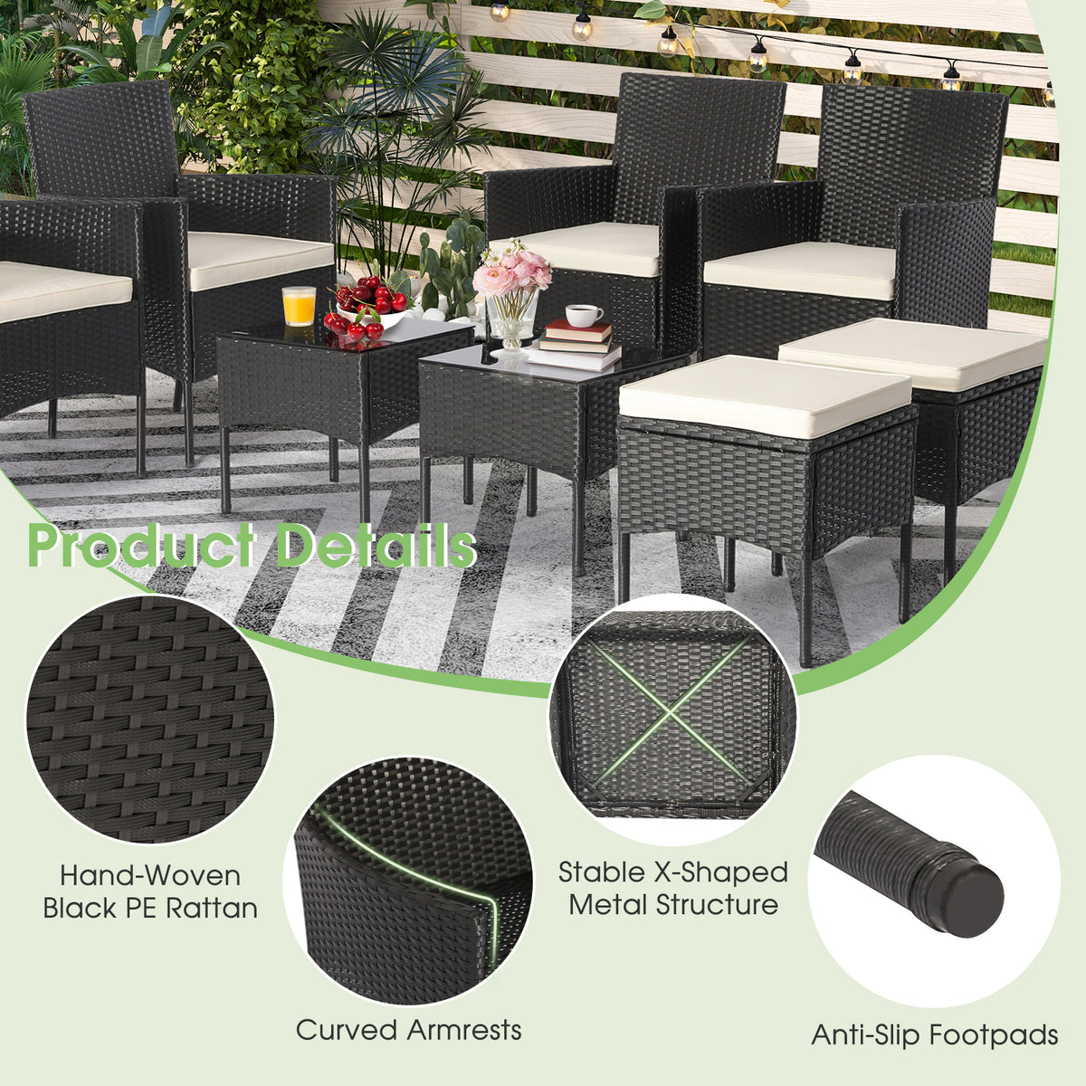 8-Piece Patio Wicker Conversation Set with Coffee Tables & Ottomans