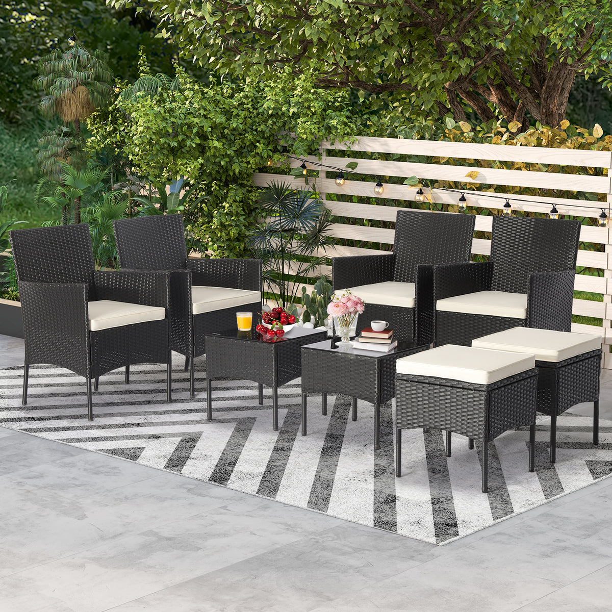 8-Piece Patio Wicker Conversation Set with Coffee Tables & Ottomans