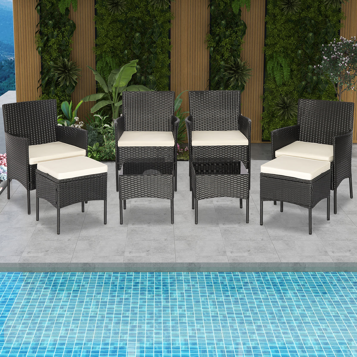 8-Piece Patio Wicker Conversation Set with Coffee Tables & Ottomans