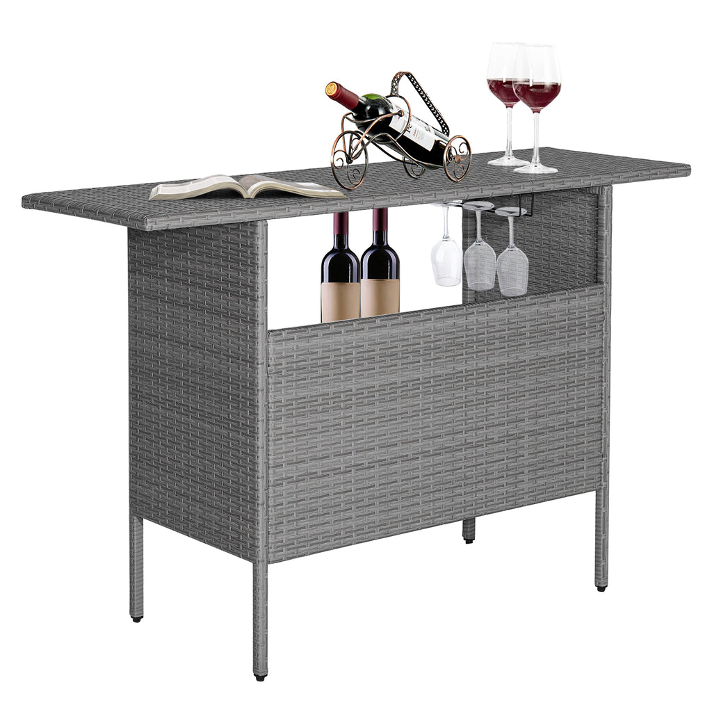 Outdoor Patio Wicker Bar Table with Metal Shelves - Mix Gray Rattan