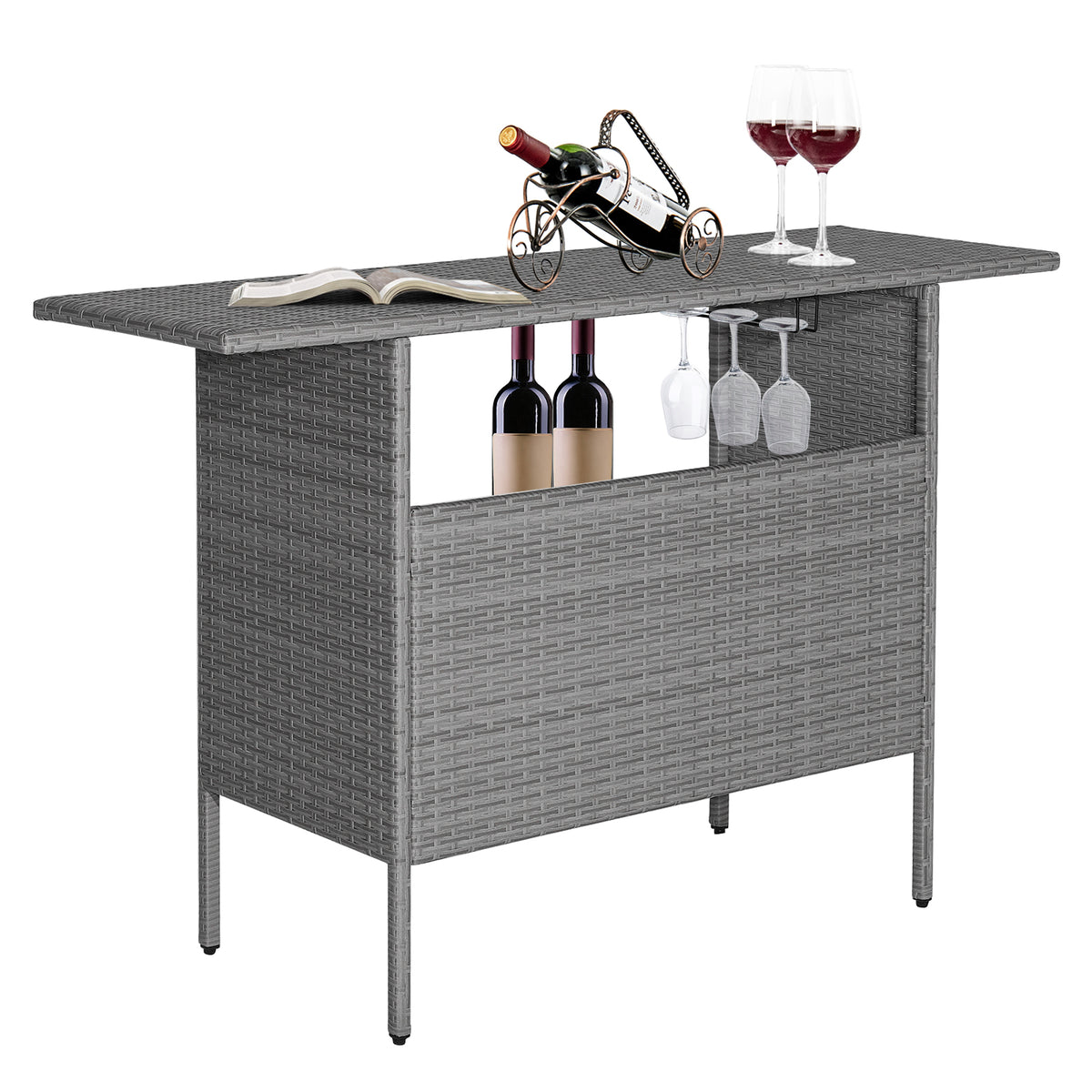Outdoor Patio Wicker Bar Table with Metal Shelves - Mix Gray Rattan