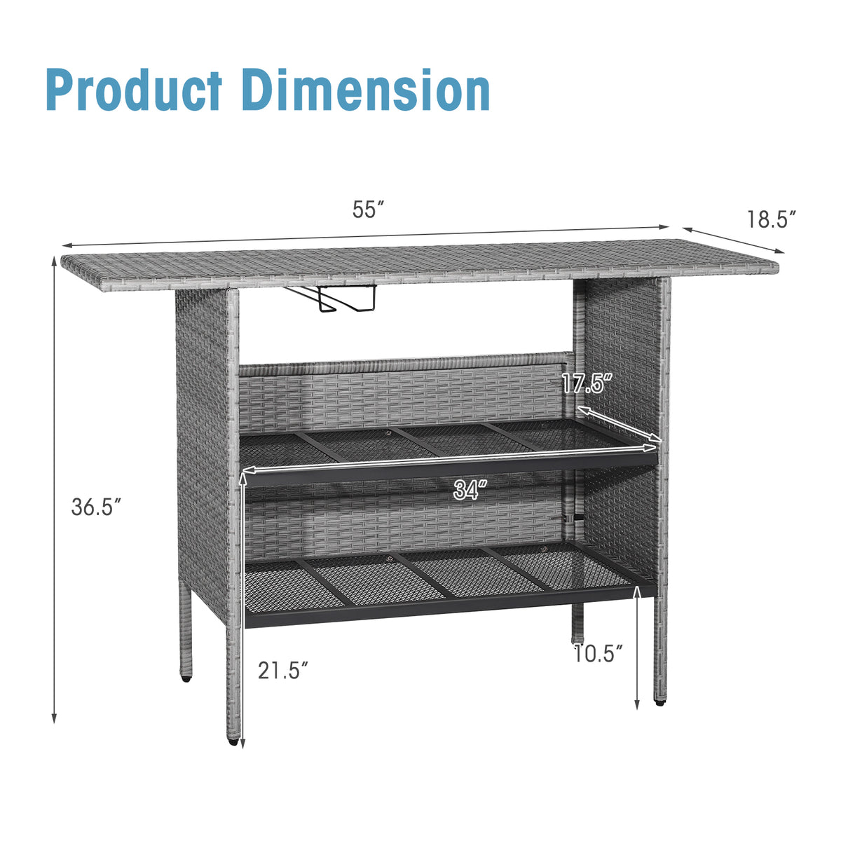 Outdoor Patio Wicker Bar Table with Metal Shelves - Mix Gray Rattan