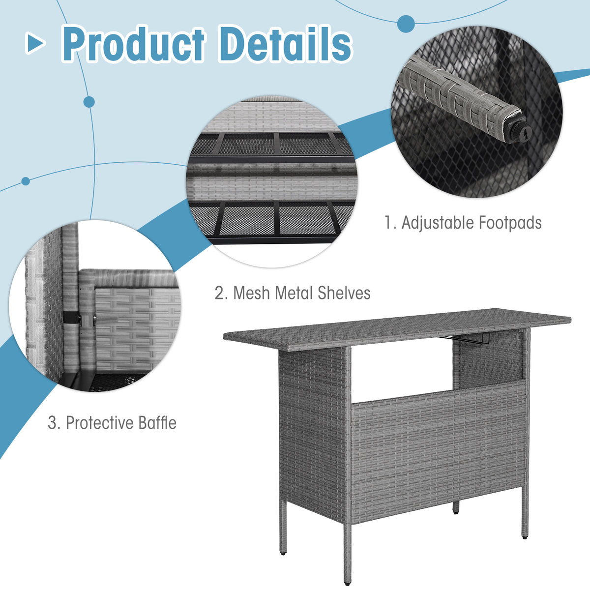Outdoor Patio Wicker Bar Table with Metal Shelves - Mix Gray Rattan