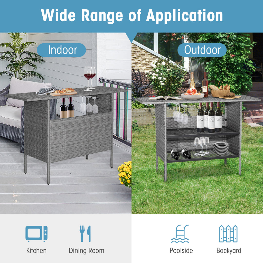 Outdoor Patio Wicker Bar Table with Metal Shelves - Mix Gray Rattan