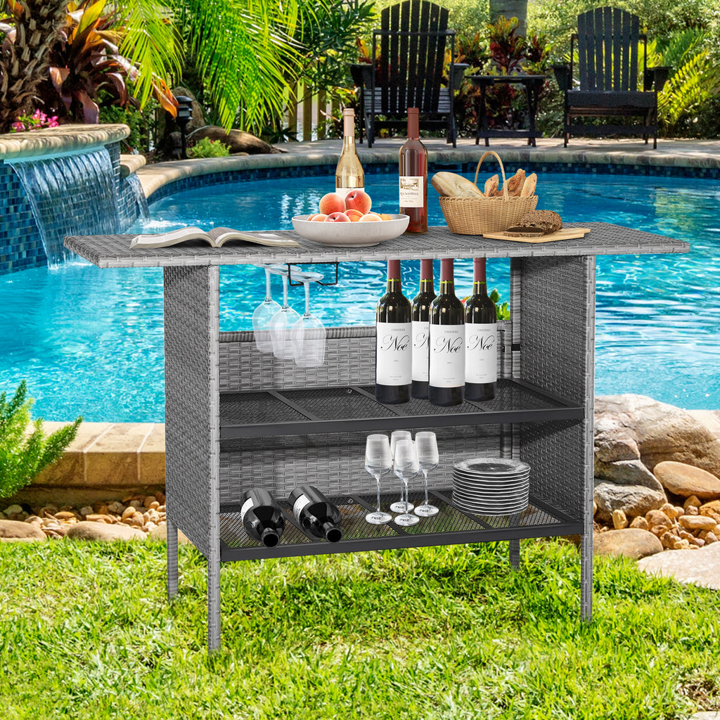 Outdoor Patio Wicker Bar Table with Metal Shelves - Mix Gray Rattan