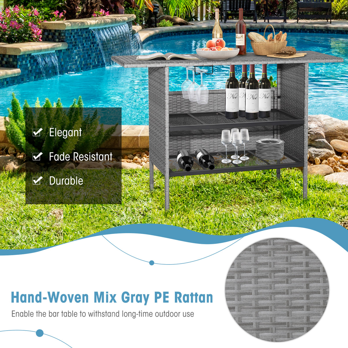 Outdoor Patio Wicker Bar Table with Metal Shelves - Mix Gray Rattan