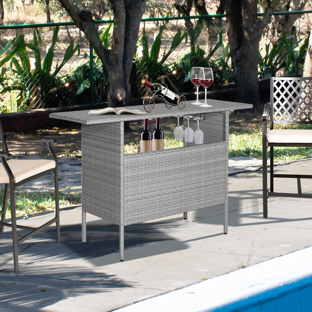Outdoor Patio Wicker Bar Table with Metal Shelves - Mix Gray Rattan