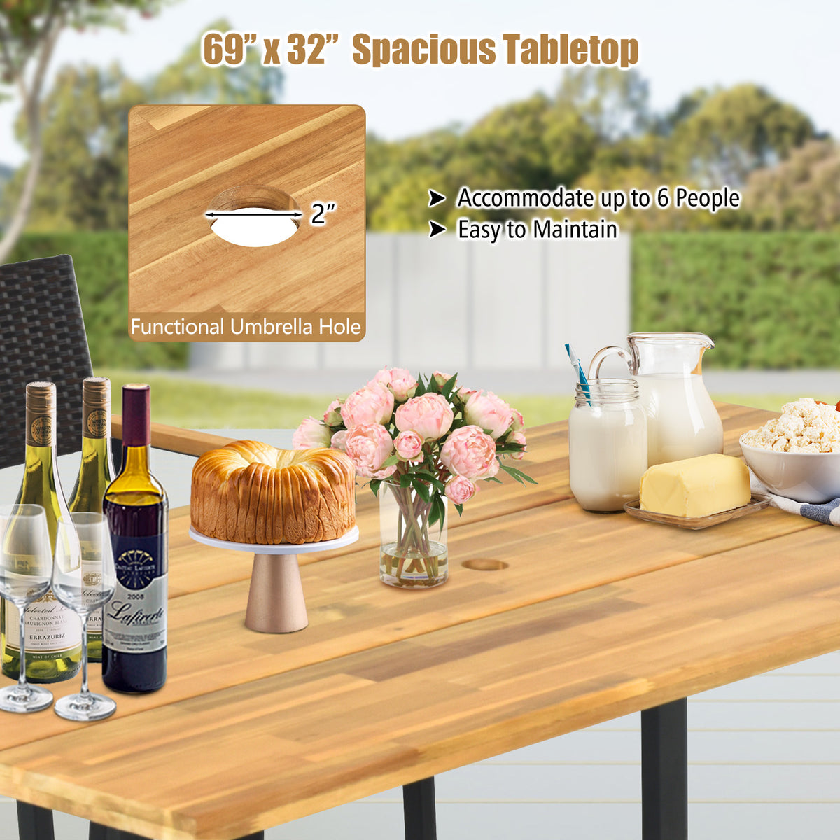 6-Person Acacia Wood Outdoor Dining Table 69" x 32"