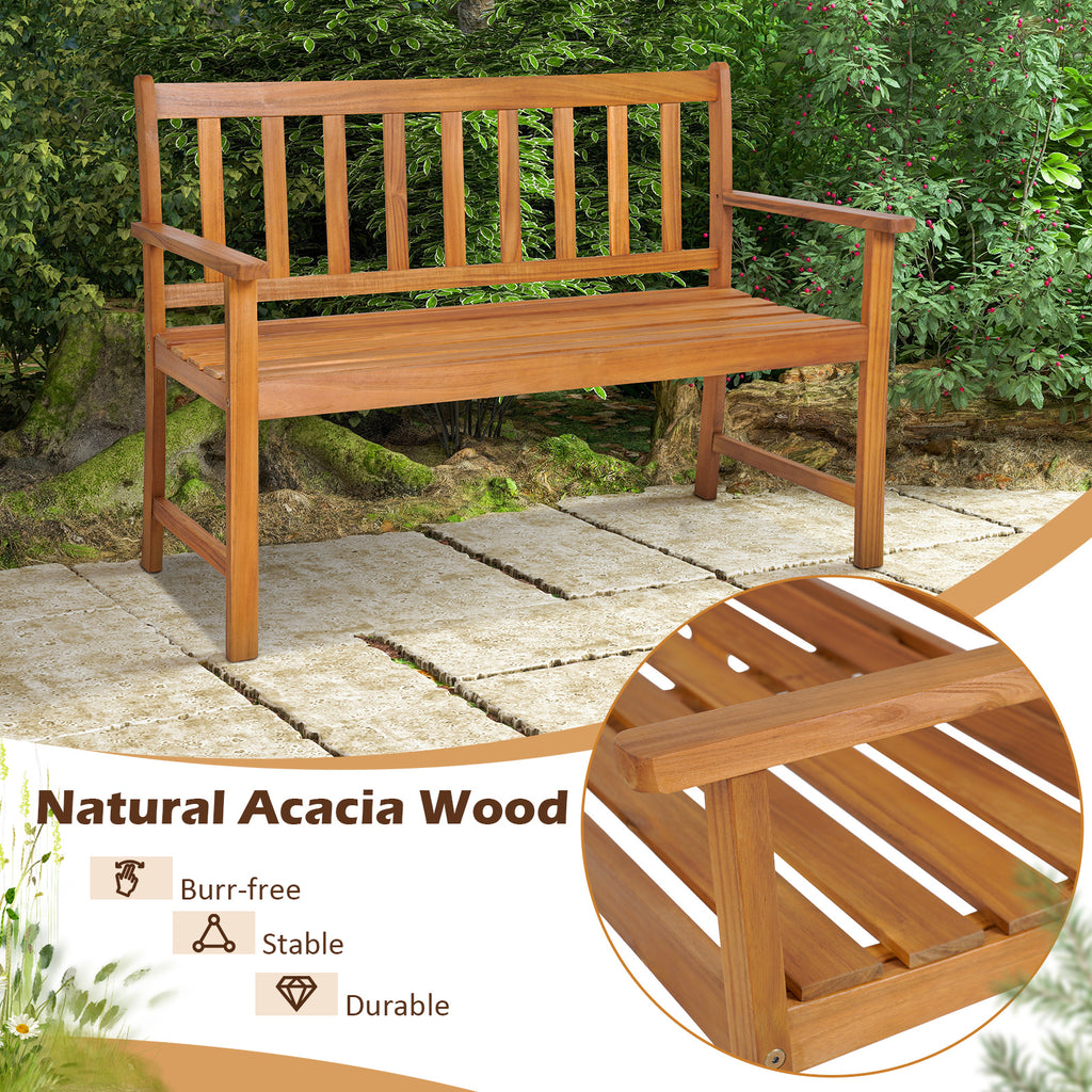 2-Person Acacia Wood Outdoor Bench with Backrest - 48 Inch