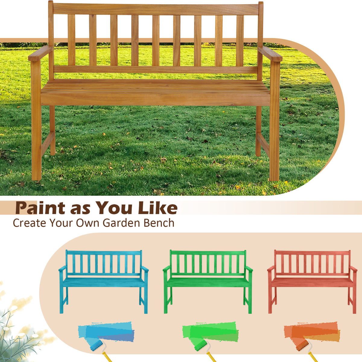 2-Person Acacia Wood Outdoor Bench with Backrest - 48 Inch
