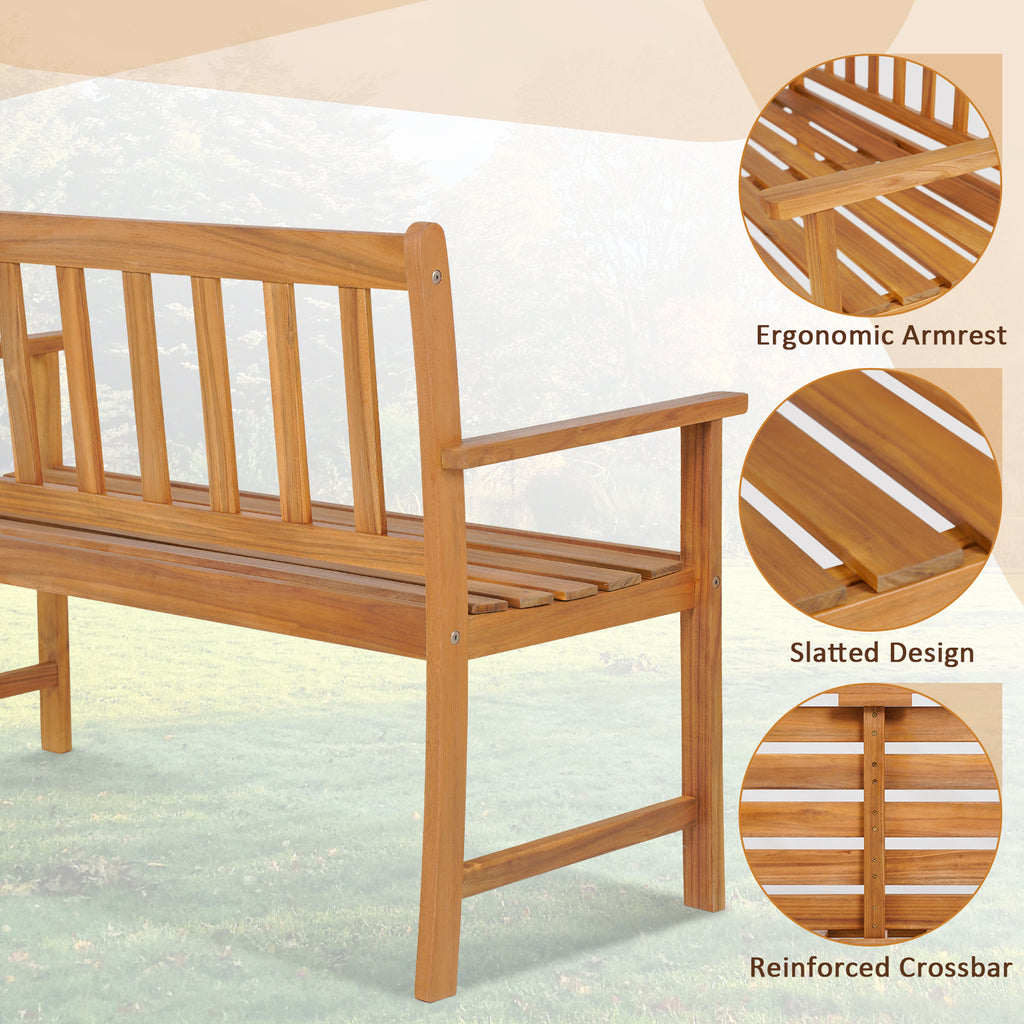 2-Person Acacia Wood Outdoor Bench with Backrest - 48 Inch