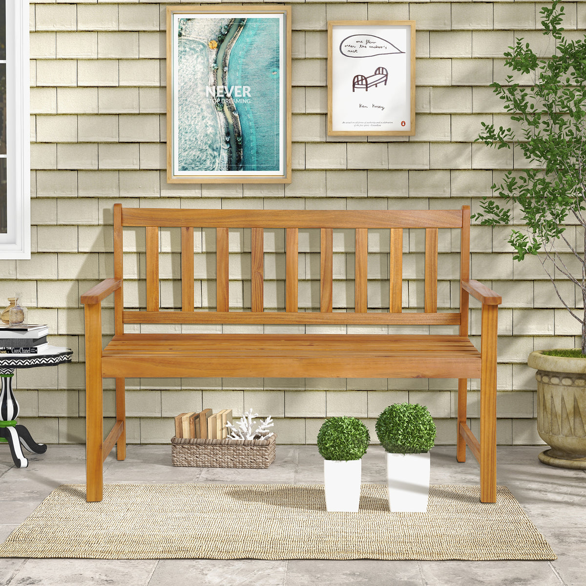 2-Person Acacia Wood Outdoor Bench with Backrest - 48 Inch