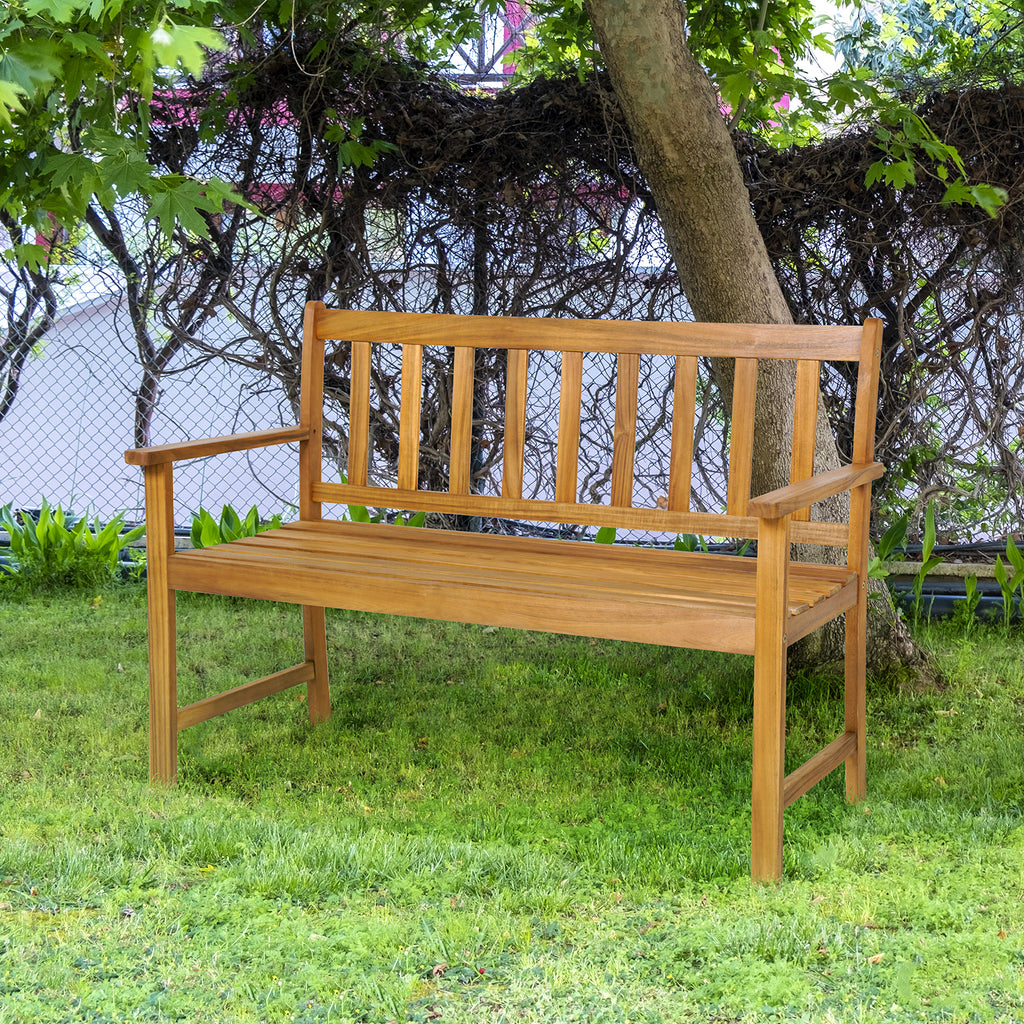 2-Person Acacia Wood Outdoor Bench with Backrest - 48 Inch