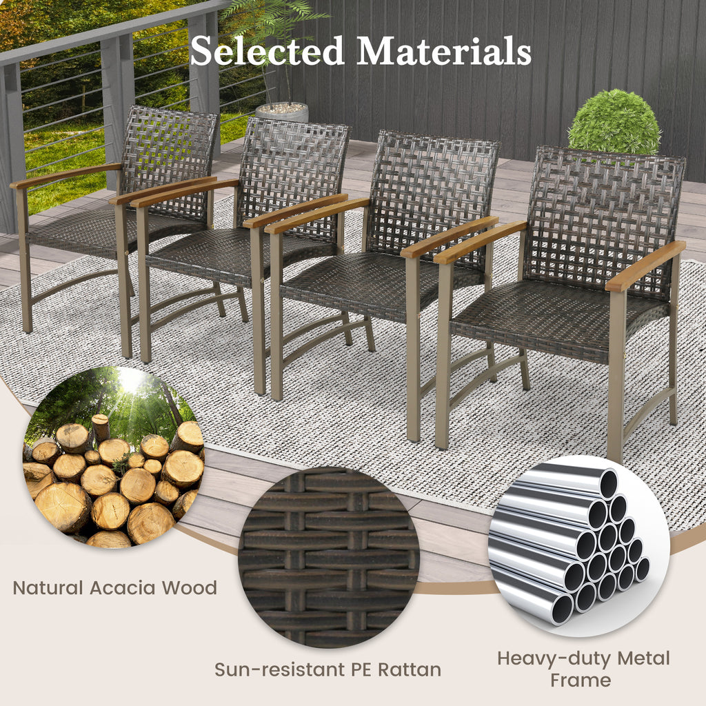 Set of 4 Patio Rattan Dining Chairs with Acacia Wood Armrests