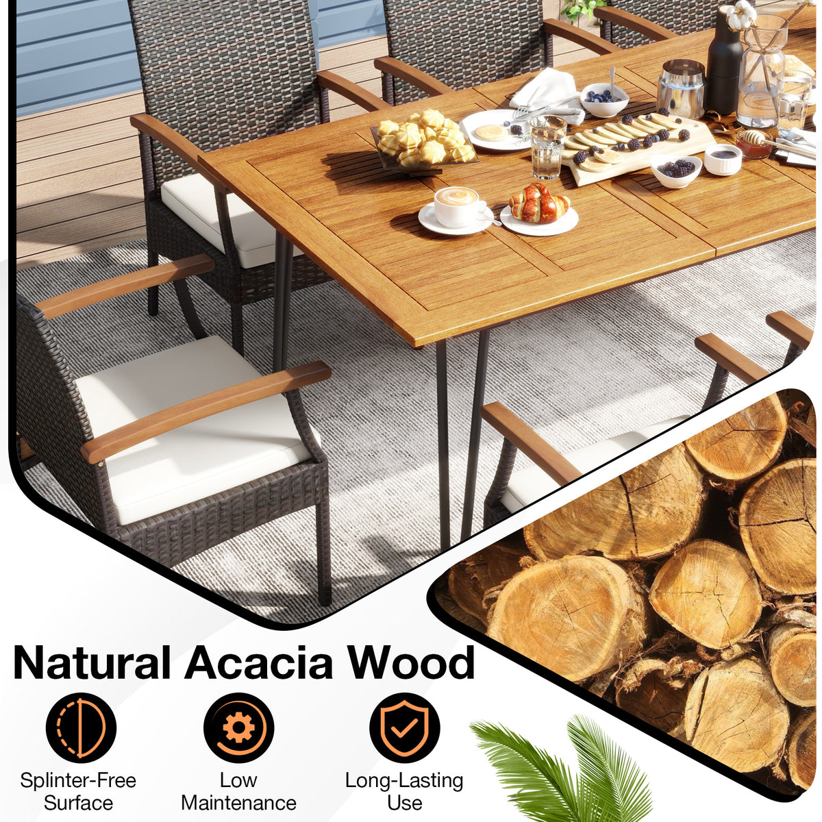 9 Pieces Outdoor Patio Dining Set with Acacia Wood Square Table and