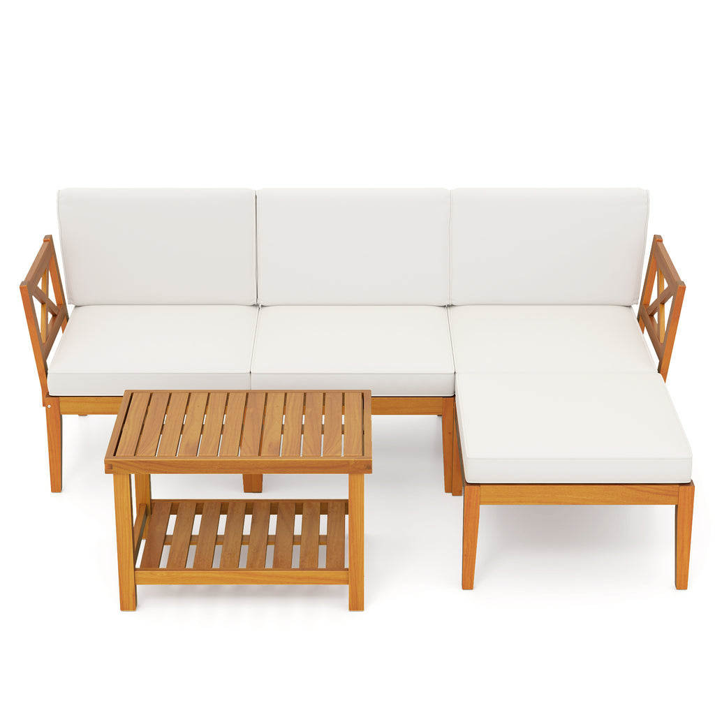 5 Pieces Acacia Wood Patio Furniture Set with 2-Tier Coffee Table and