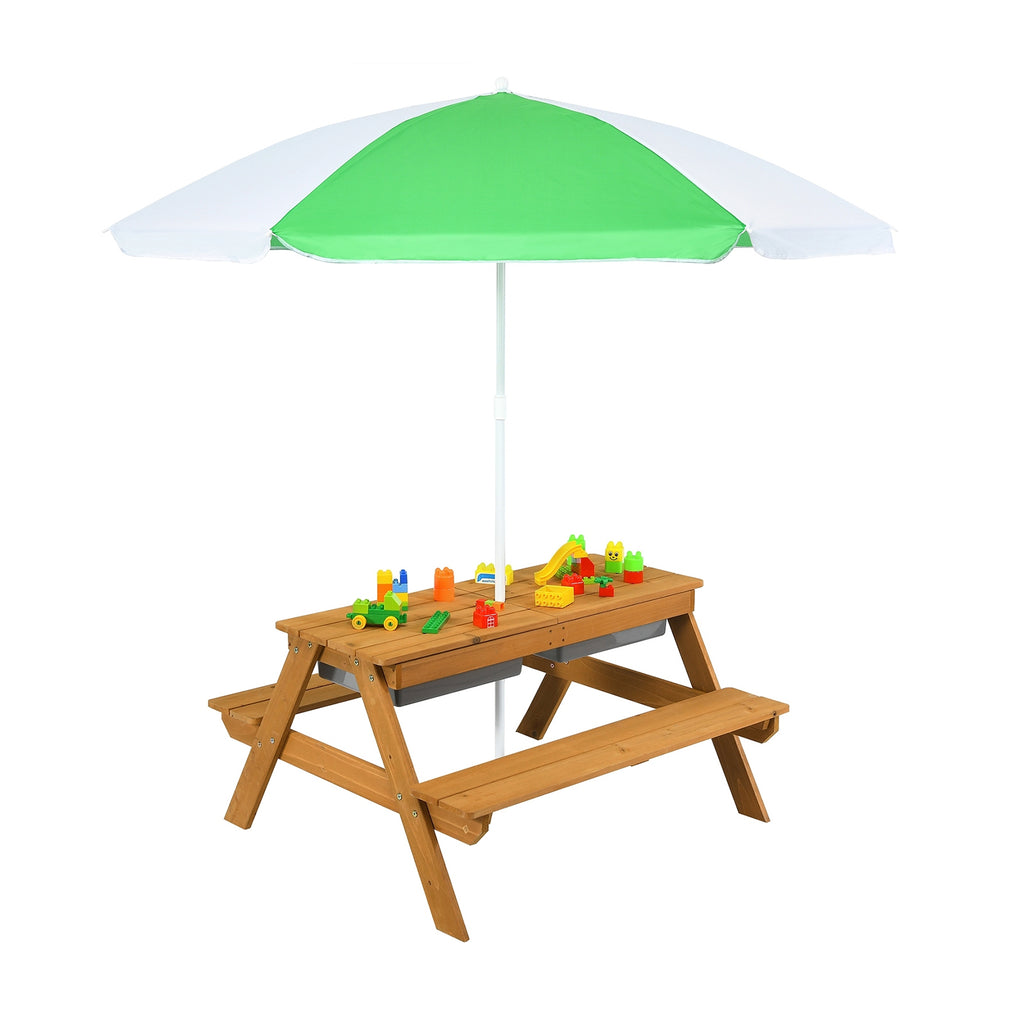 Kids 3-in-1 Outdoor Water and Sand Play Table with Removable Umbrella and Storage - Green