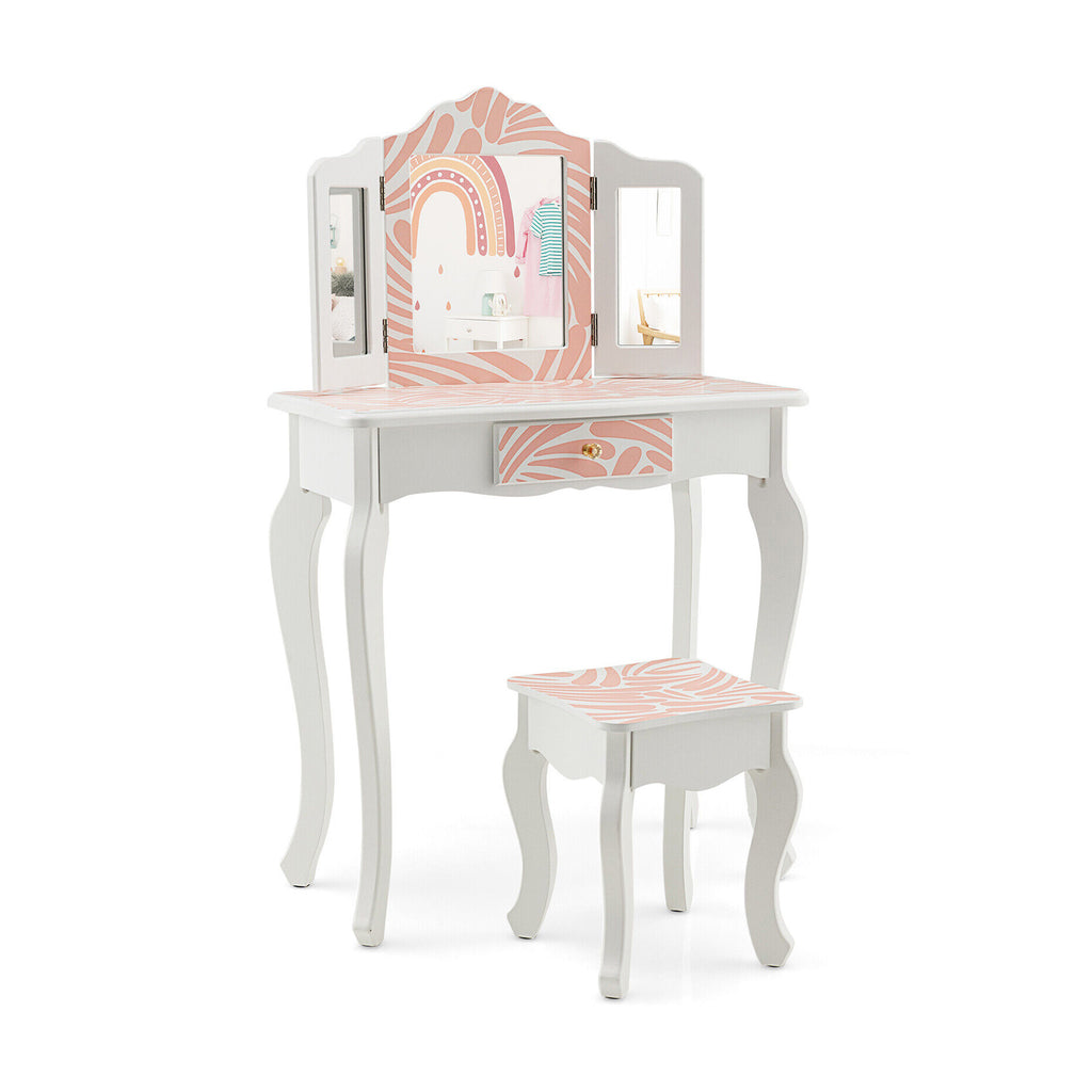 Kids Vanity Table Set with Tri-Fold Mirror - Pink, 2-in-1 Dressing & Writing Desk