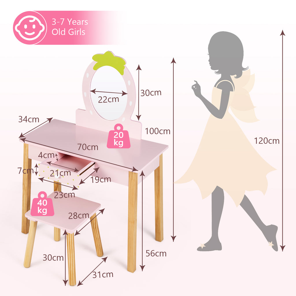 Children's Vanity Table and Stool Set with Mirror - Pink, Storage Drawer, 2-in-1