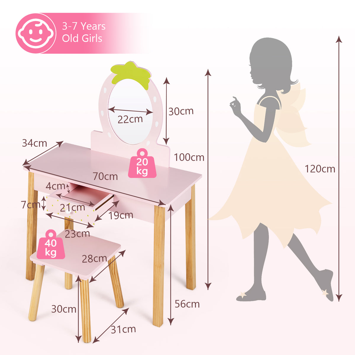 Children's Vanity Table and Stool Set with Mirror - Pink, Storage Drawer, 2-in-1