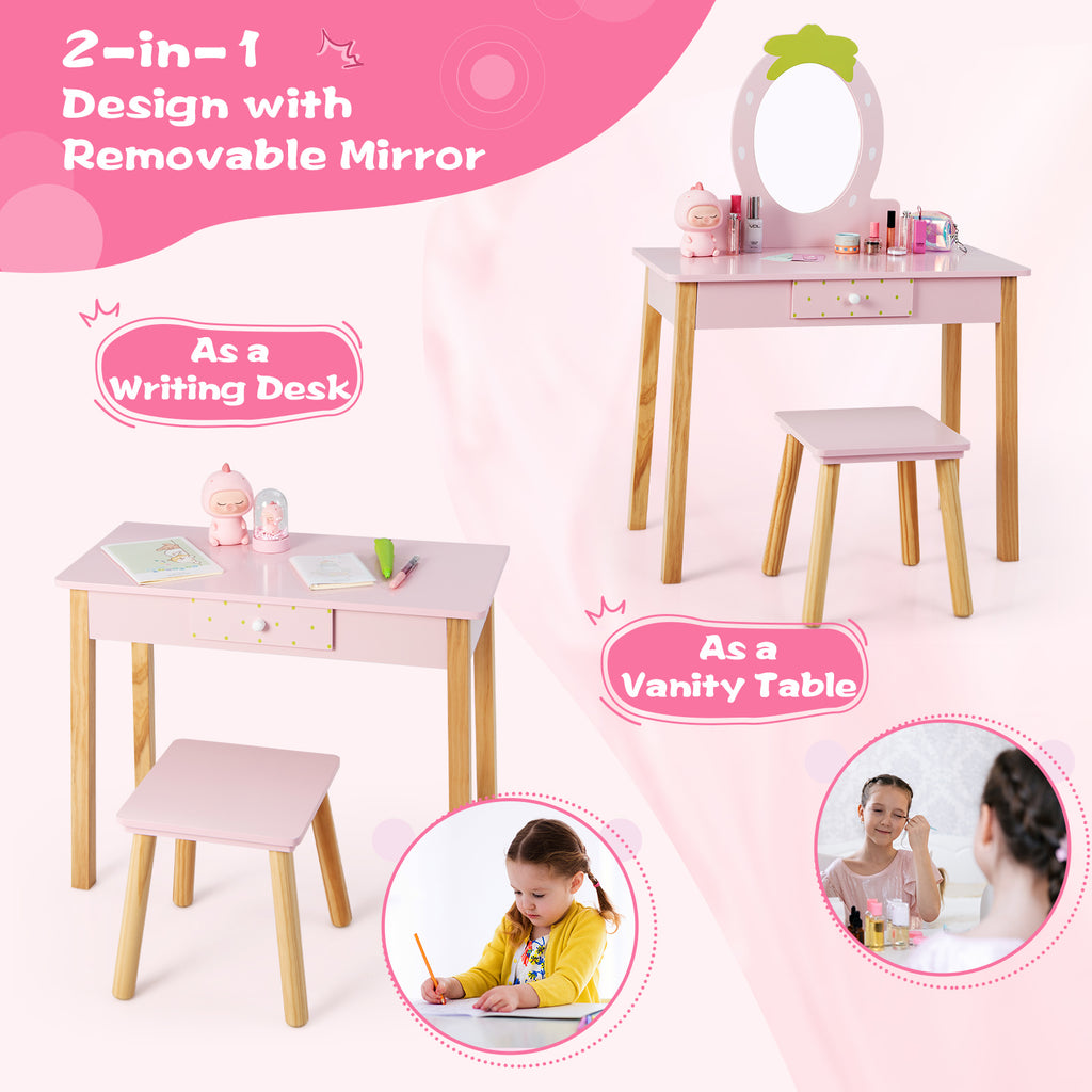 Children's Vanity Table and Stool Set with Mirror - Pink, Storage Drawer, 2-in-1