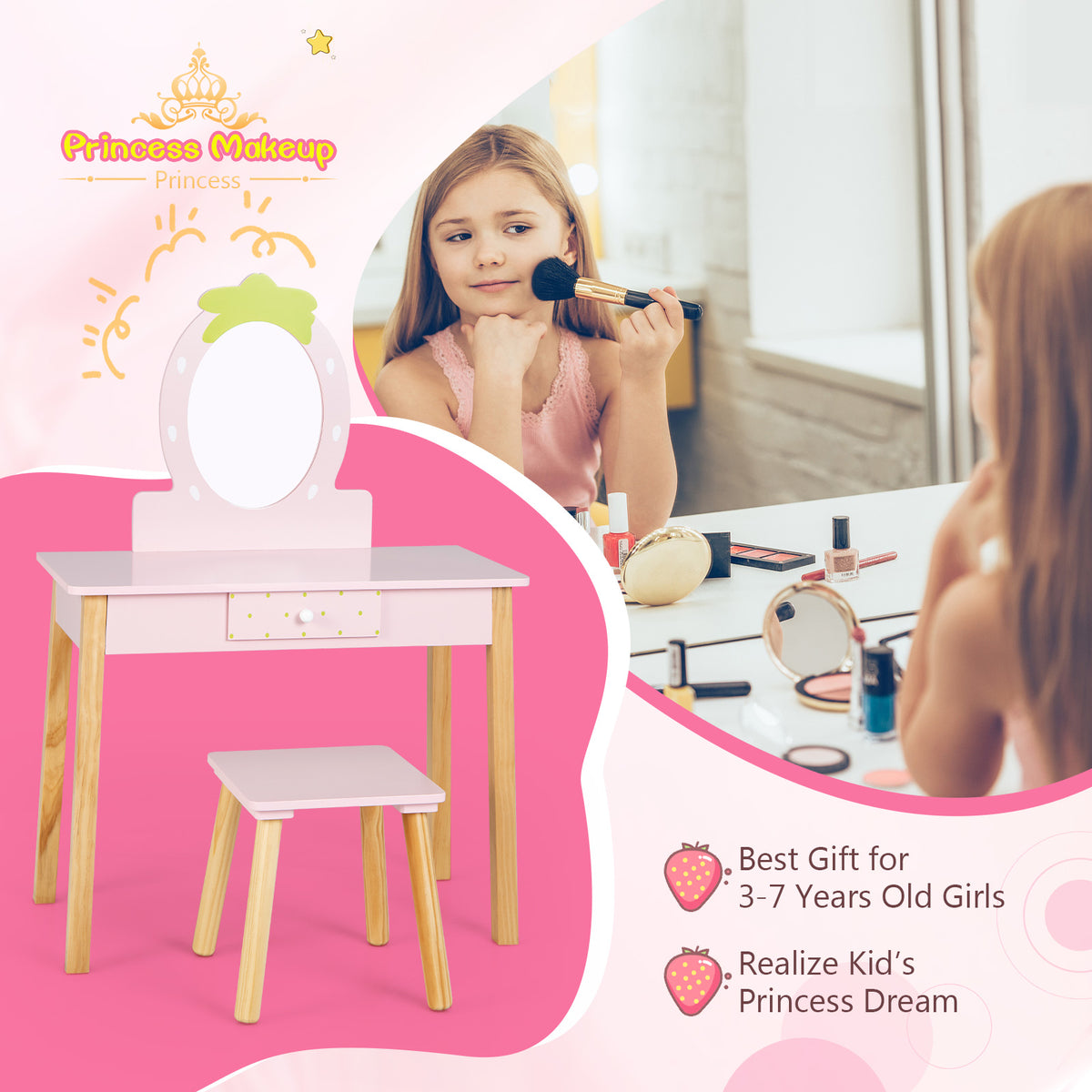 Children's Vanity Table and Stool Set with Mirror - Pink, Storage Drawer, 2-in-1