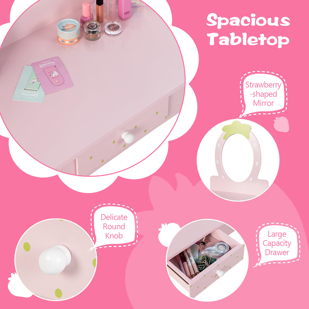 Children's Vanity Table and Stool Set with Mirror - Pink, Storage Drawer, 2-in-1