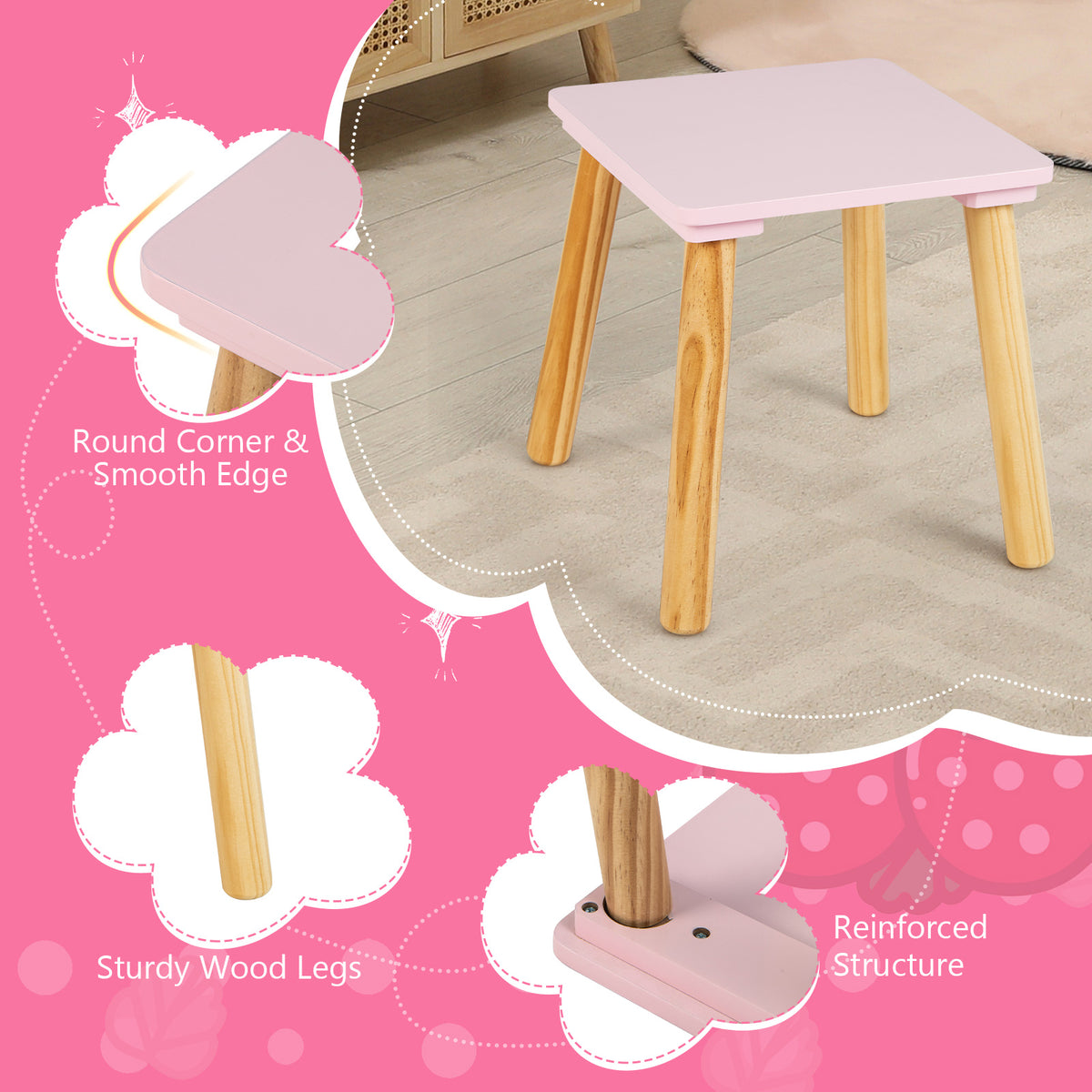 Children's Vanity Table and Stool Set with Mirror - Pink, Storage Drawer, 2-in-1