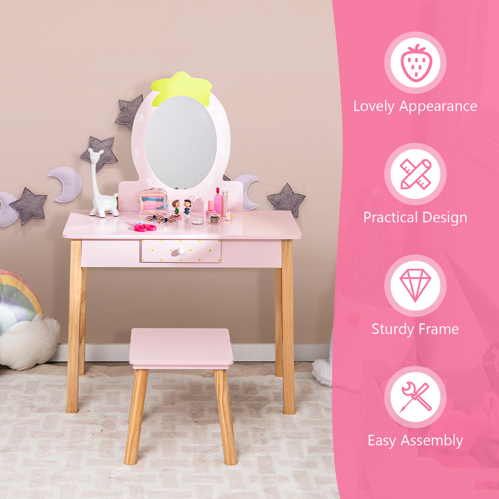 Children's Vanity Table and Stool Set with Mirror - Pink, Storage Drawer, 2-in-1