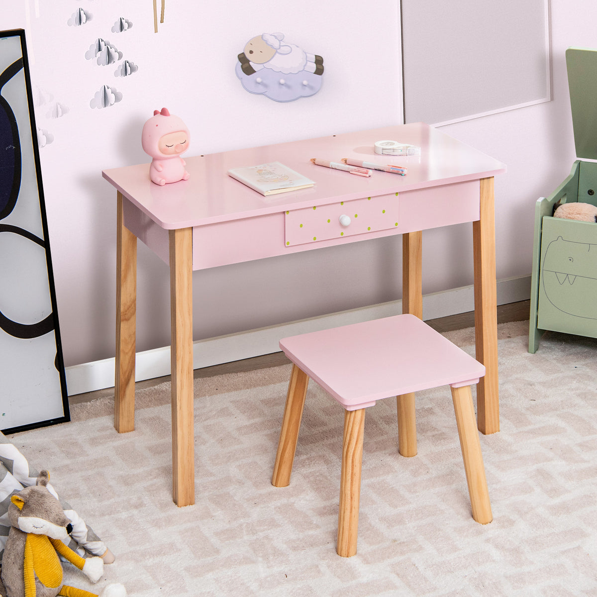 Children's Vanity Table and Stool Set with Mirror - Pink, Storage Drawer, 2-in-1
