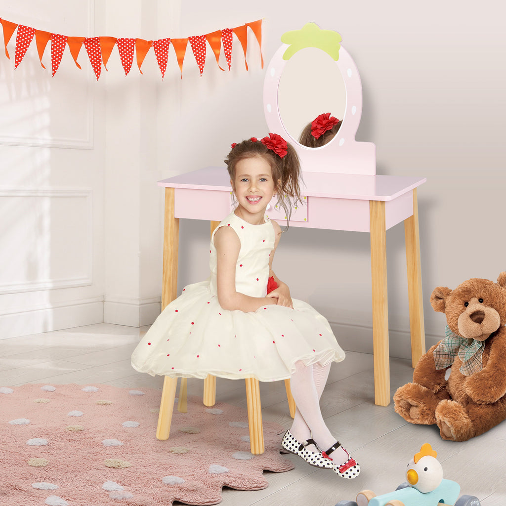 Children's Vanity Table and Stool Set with Mirror - Pink, Storage Drawer, 2-in-1
