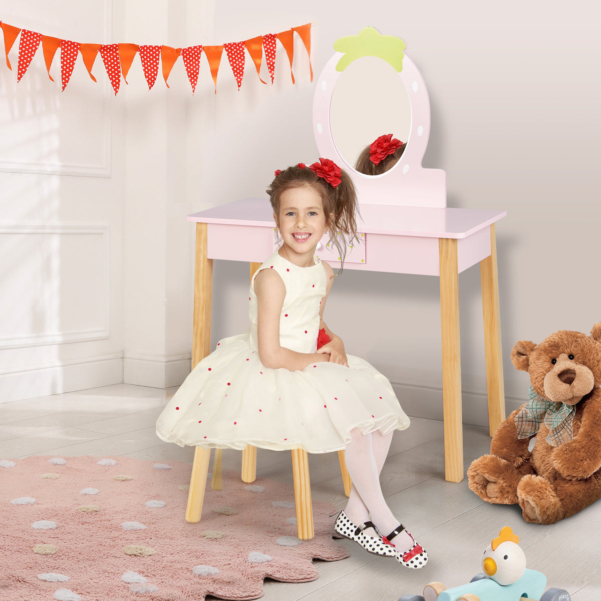 Children's Vanity Table and Stool Set with Mirror - Pink, Storage Drawer, 2-in-1