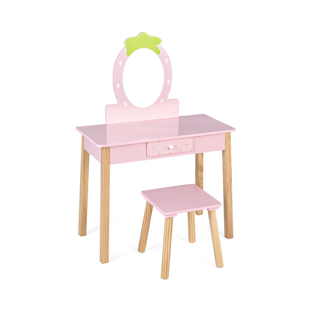 Children's Vanity Table and Stool Set with Mirror - Pink, Storage Drawer, 2-in-1