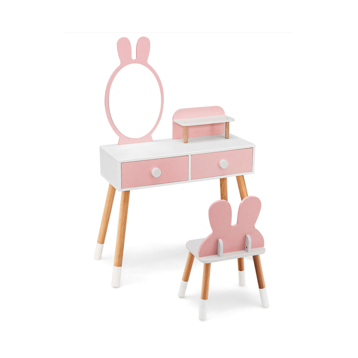Kids Vanity Table and Chair Set with 2 Drawers Pink - Rabbit Mirror