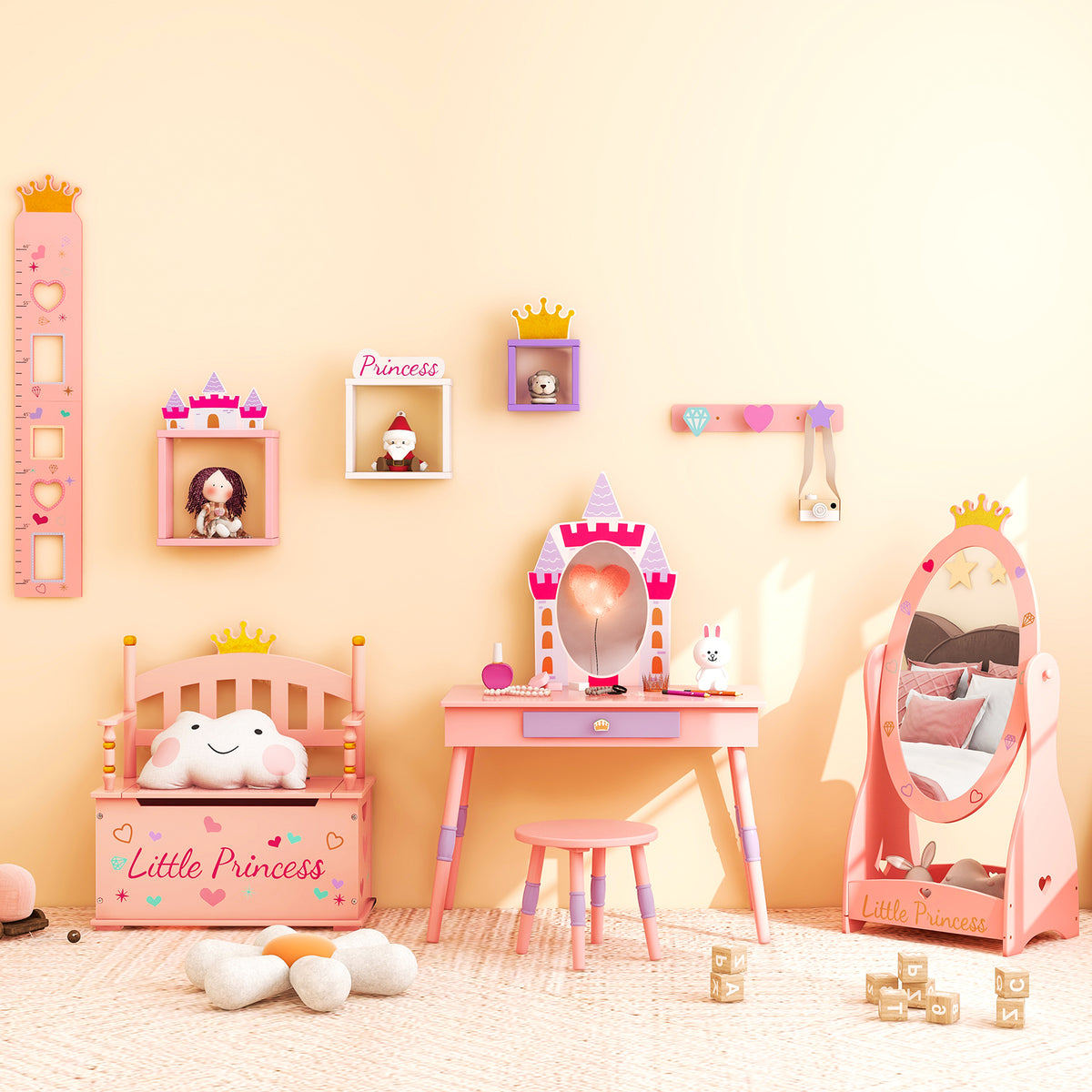Kids Princess Wooden Toy Box with Safe Hinged Lid - Pink Variation