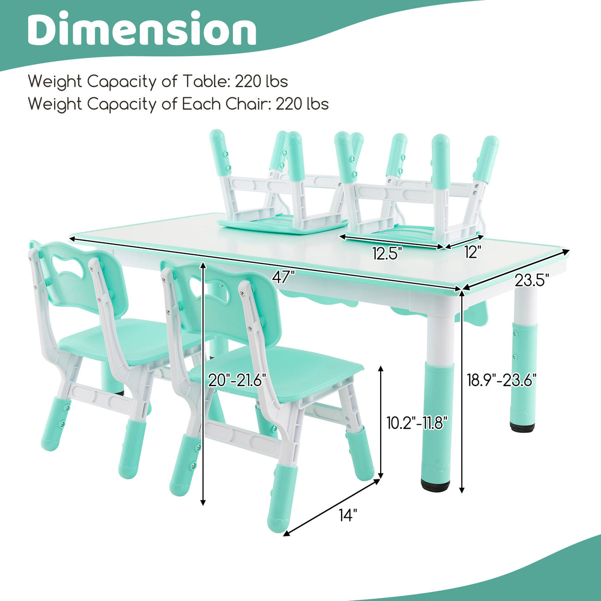 Kids Table and Chairs Set for 4 - 5 Pieces Green with Graffiti Desktop, Adjustable & Space-Saving